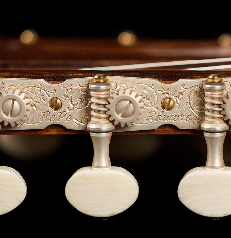 The machine heads of a 2011 Pepe Romero (ex Angel Romero) classical guitar made of cedar and African rosewood