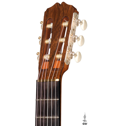 The headstock of a 2011 Pepe Romero (ex Angel Romero) classical guitar made of cedar and African rosewood