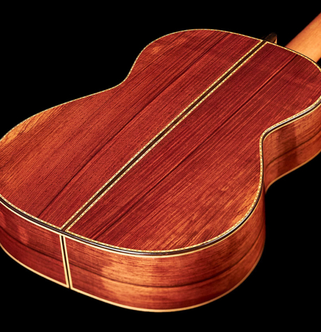 The back and sides of a 1982 Jose Romanillos &quot;La Velez&quot; classical guitar made of spruce and CSA rosewood