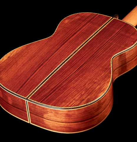The back and sides of a 1982 Jose Romanillos "La Velez" classical guitar made of spruce and CSA rosewood