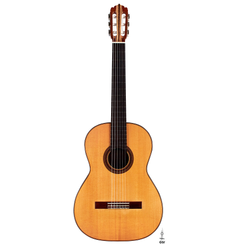 The front of a 1982 Jose Romanillos &quot;La Velez&quot; classical guitar made of spruce and CSA rosewood