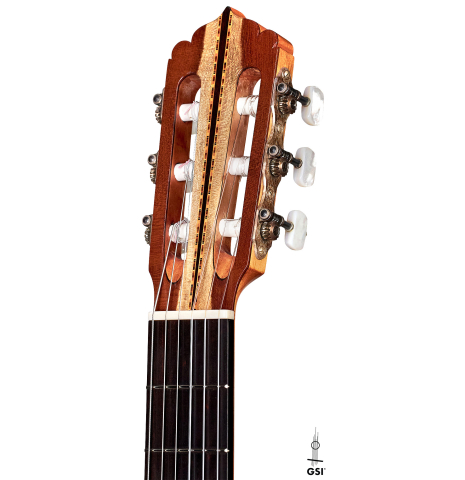 The headstock of a 1982 Jose Romanillos "La Velez" classical guitar made of spruce and CSA rosewood