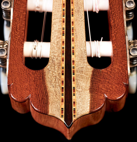 A close-up of the headstock of a 1982 Jose Romanillos "La Velez" classical guitar made of spruce and CSA rosewood