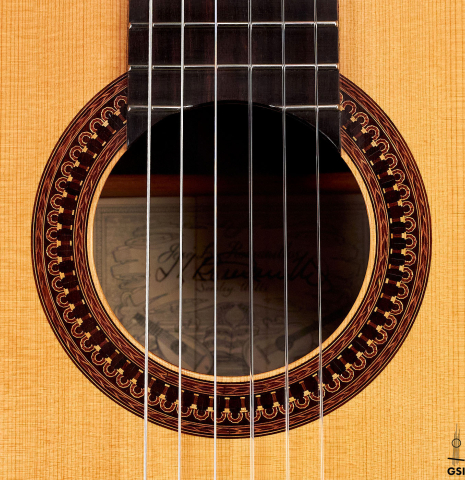 The rosette of a 1982 Jose Romanillos &quot;La Velez&quot; classical guitar made of spruce and CSA rosewood