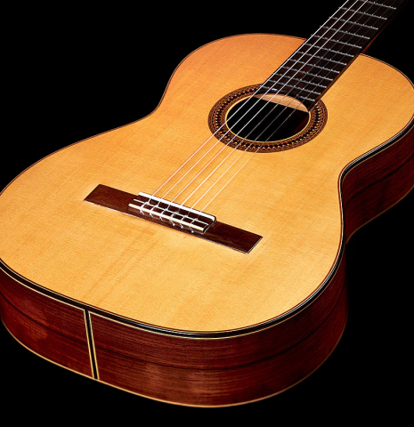 The front of a 1982 Jose Romanillos &quot;La Velez&quot; classical guitar made of spruce and CSA rosewood