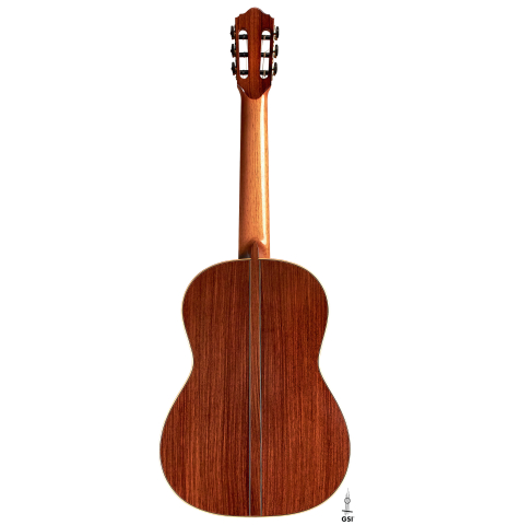The back of a 2013 Bernardo Romero #1 classical guitar made of spruce and Indian rosewood