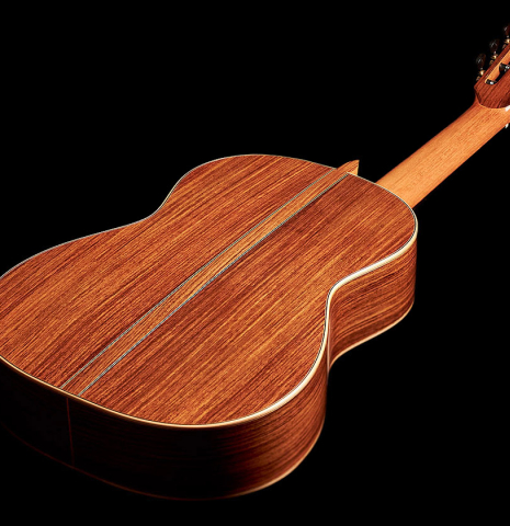 The back and sides of a 2013 Bernardo Romero #1 classical guitar made of spruce and Indian rosewood