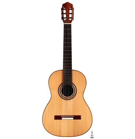 The front of a 2013 Bernardo Romero #1 classical guitar made of spruce and Indian rosewood