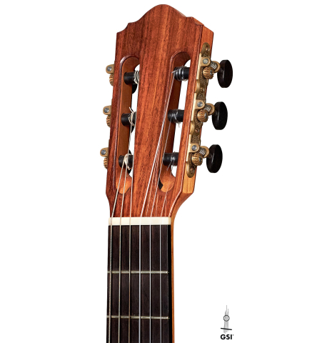 The headstock of a 2013 Bernardo Romero #1 classical guitar made of spruce and Indian rosewood