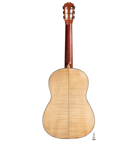 The back of a 2007 Pepe Romero classical guitar made of cedar and maple