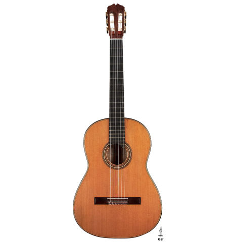 The front of a 2007 Pepe Romero classical guitar made of cedar and maple