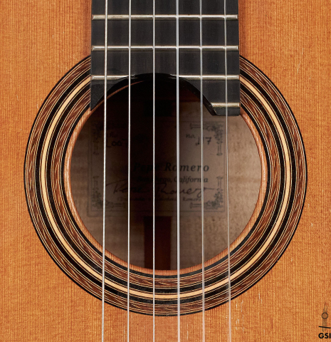 The rosette of a 2007 Pepe Romero classical guitar made of cedar and maple