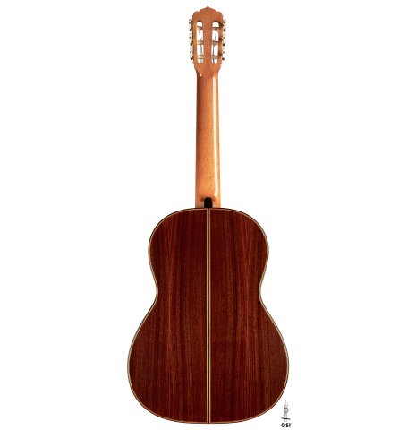 The back of a 2017 Jose L. Romanillos &amp; Son "La Campanula Azul" classical guitar made with spruce and Indian rosewood on a white background.