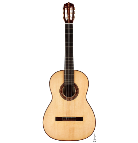 The front of a 2017 Jose L. Romanillos &amp; Son "La Campanula Azul" classical guitar made with spruce and Indian rosewood on a white background.