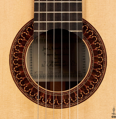 The rosette of a 2017 Jose L. Romanillos &amp; Son "La Campanula Azul" classical guitar made with spruce and Indian rosewood.