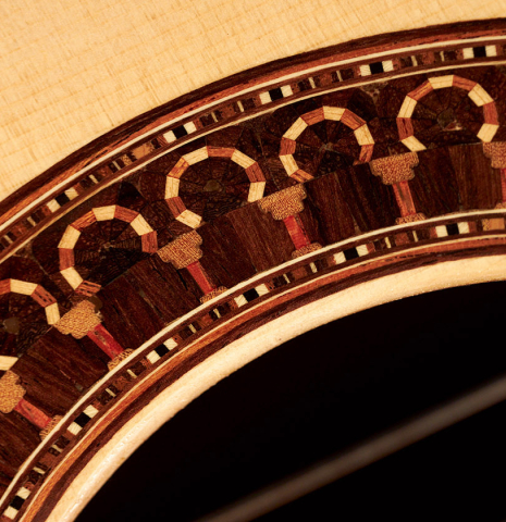 Detail of the rosette of a 2017 Jose L. Romanillos &amp; Son "La Campanula Azul" classical guitar made with spruce and Indian rosewood.