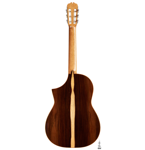 The back of a 2024 Pepe Romero "cutaway" classical guitar made of spruce and CSA rosewood