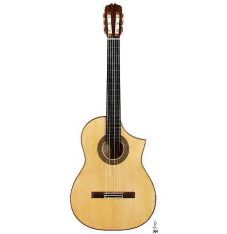 The front of a 2024 Pepe Romero "cutaway" classical guitar made of spruce and CSA rosewood