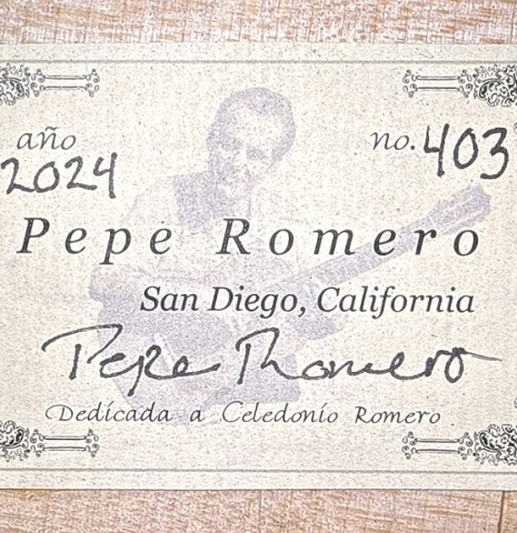 The label of a 2024 Pepe Romero "cutaway" classical guitar made of spruce and CSA rosewood
