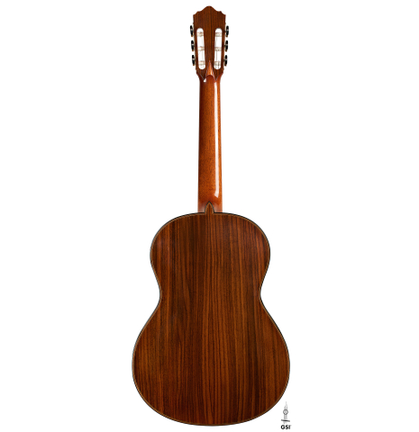 The back of a 2023 Jean Rompre classical guitar made of cedar and Indian rosewood