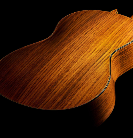 The back and sides of a 2023 Jean Rompre classical guitar made of cedar and Indian rosewood