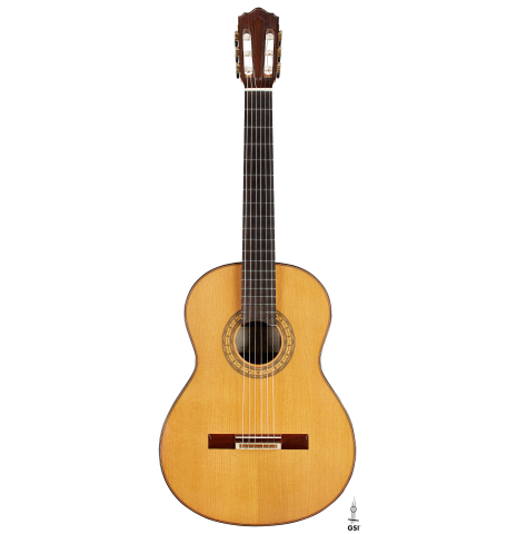 The front of a 2023 Jean Rompre classical guitar made of cedar and Indian rosewood