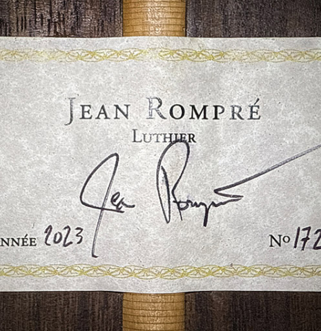 The label of a 2023 Jean Rompre classical guitar made of cedar and Indian rosewood