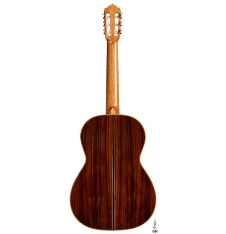 The back of a 1981 Jose Romanillos "La Toronto" classical guitar made of spruce and Indian rosewood
