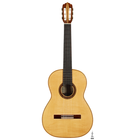 The front of a 1981 Jose Romanillos "La Toronto" classical guitar made of spruce and Indian rosewood