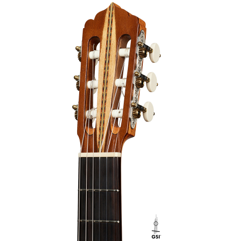 The headstock of a 1981 Jose Romanillos "La Toronto" classical guitar made of spruce and Indian rosewood