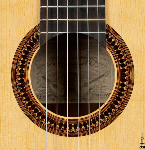 The rosette of a 1981 Jose Romanillos "La Toronto" classical guitar made of spruce and Indian rosewood