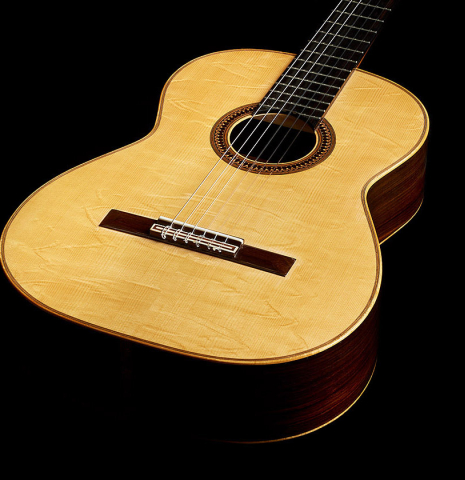The sounboard of a 1981 Jose Romanillos "La Toronto" classical guitar made of spruce and Indian rosewood