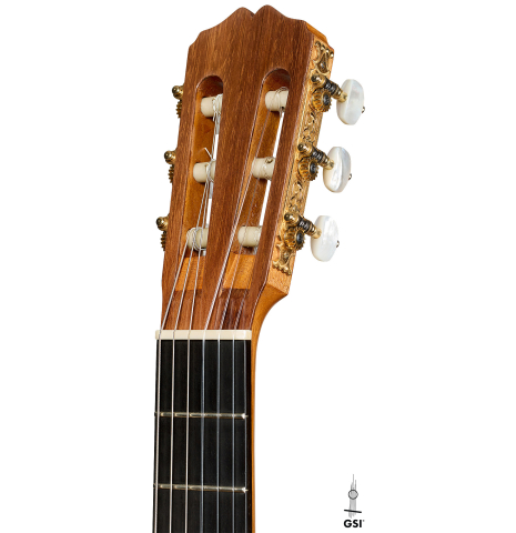 The headstock of a 2006 Pepe Romero classical guitar made of spruce and cypress