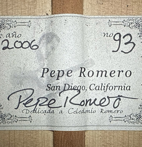 The label of a 2006 Pepe Romero classical guitar made of spruce and cypress