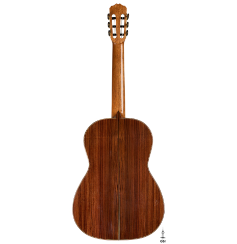 The back of a 2023 Guitarras Romero "Espana" classical guitar made of cedar and Indian rosewood