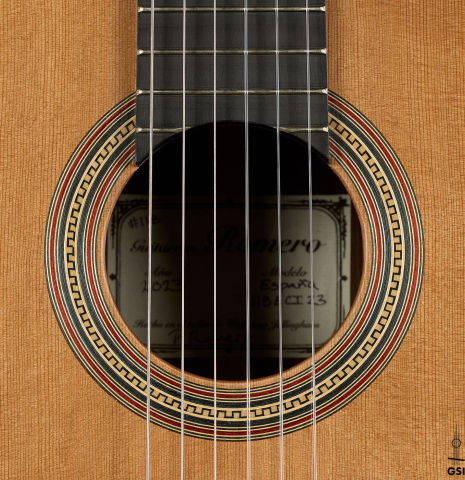 The rosette of a 2023 Guitarras Romero "Espana" classical guitar made of cedar and Indian rosewood