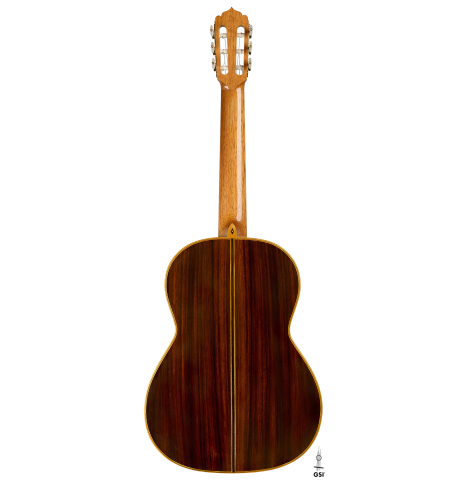 The back of a 1981 Jose Romanillos "La España" classical guitar made of spruce and Indian rosewood