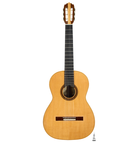 The front of a 1981 Jose Romanillos "La España" classical guitar made of spruce and Indian rosewood