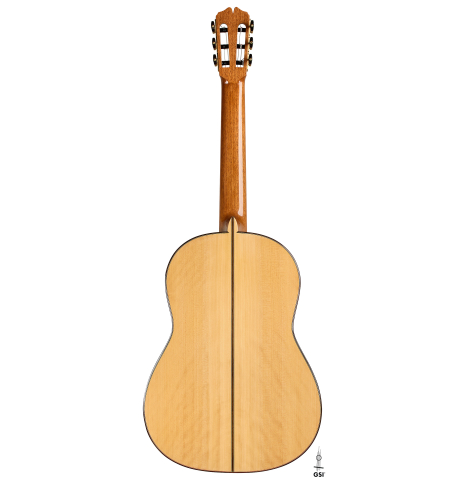 The back of a 2021 Pepe Romero "640" classical guitar made of spruce and cypress