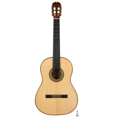 The front of a 2021 Pepe Romero "640" classical guitar made of spruce and cypress
