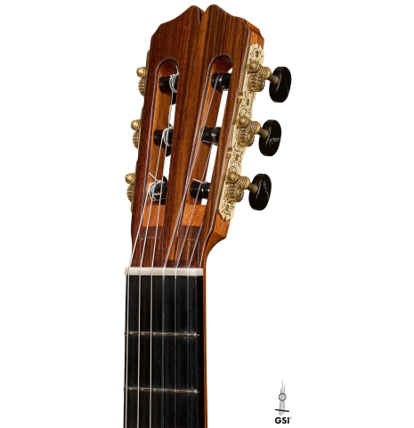 The headstock of a 2021 Pepe Romero "640" classical guitar made of spruce and cypress
