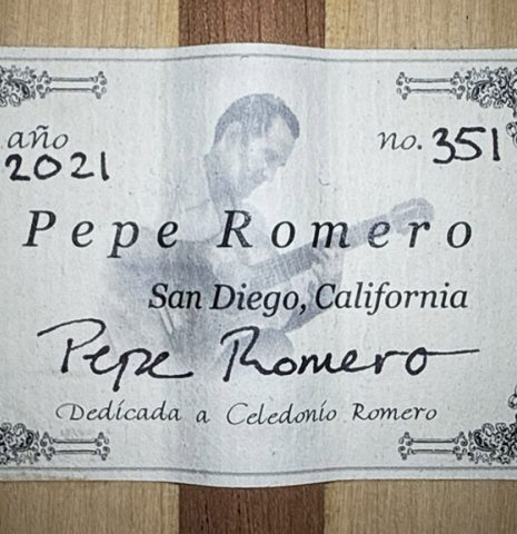 The label of a 2021 Pepe Romero "640" classical guitar made of spruce and cypress
