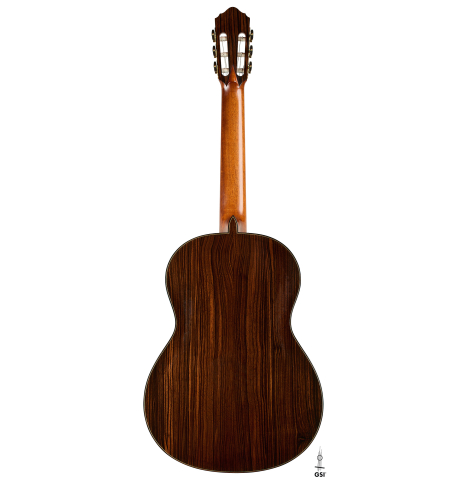 The back of a 2018 Jean Rompre classical guitar made of spruce and Makassar ebony