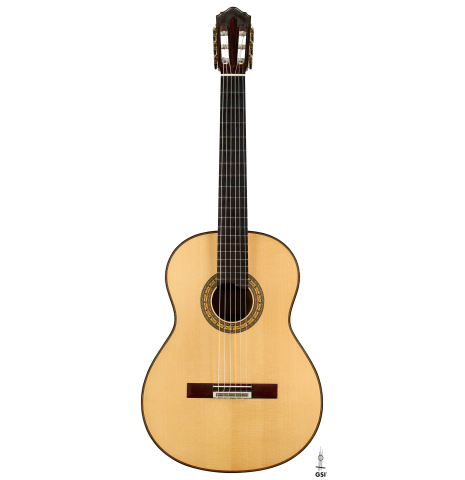 The front of a 2018 Jean Rompre classical guitar made of spruce and Makassar ebony
