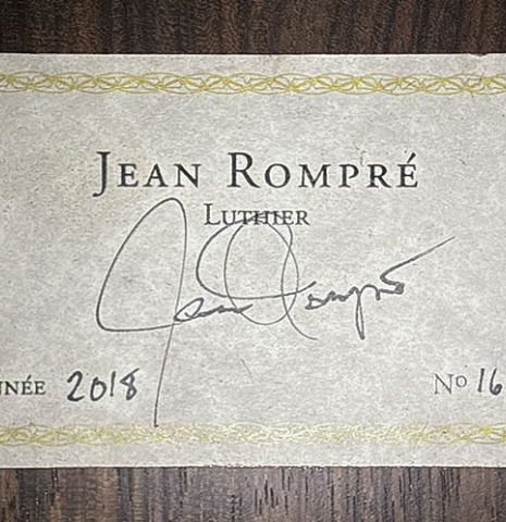 The label of a 2018 Jean Rompre classical guitar made of spruce and Makassar ebony