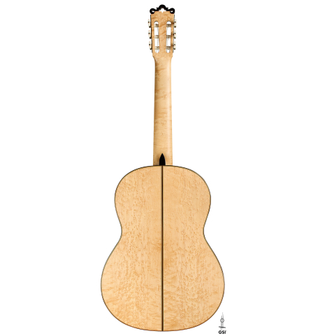 The back of a 1999 Ignacio Rozas classical guitar made of spruce and maple