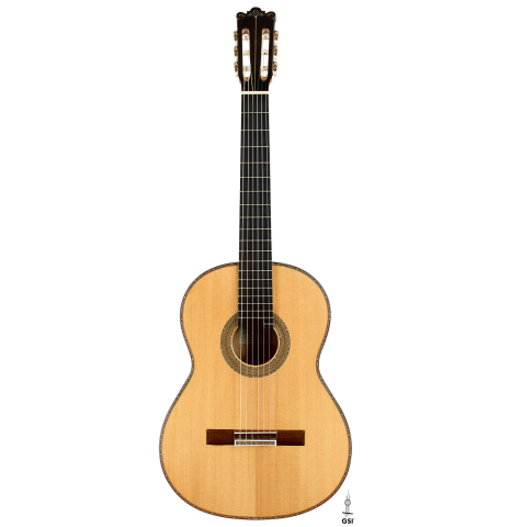 The front of a 1999 Ignacio Rozas classical guitar made of spruce and maple