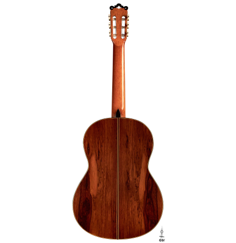 The back of a 2001 Ignacio Rozas classical guitar made of cedar and CSA rosewood