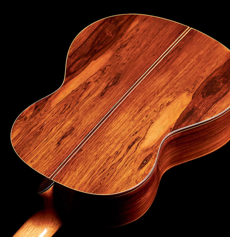 The back of a 2001 Ignacio Rozas classical guitar made of cedar and CSA rosewood