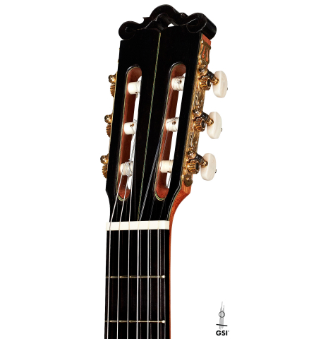 The headstock of a 2001 Ignacio Rozas classical guitar made of cedar and CSA rosewood